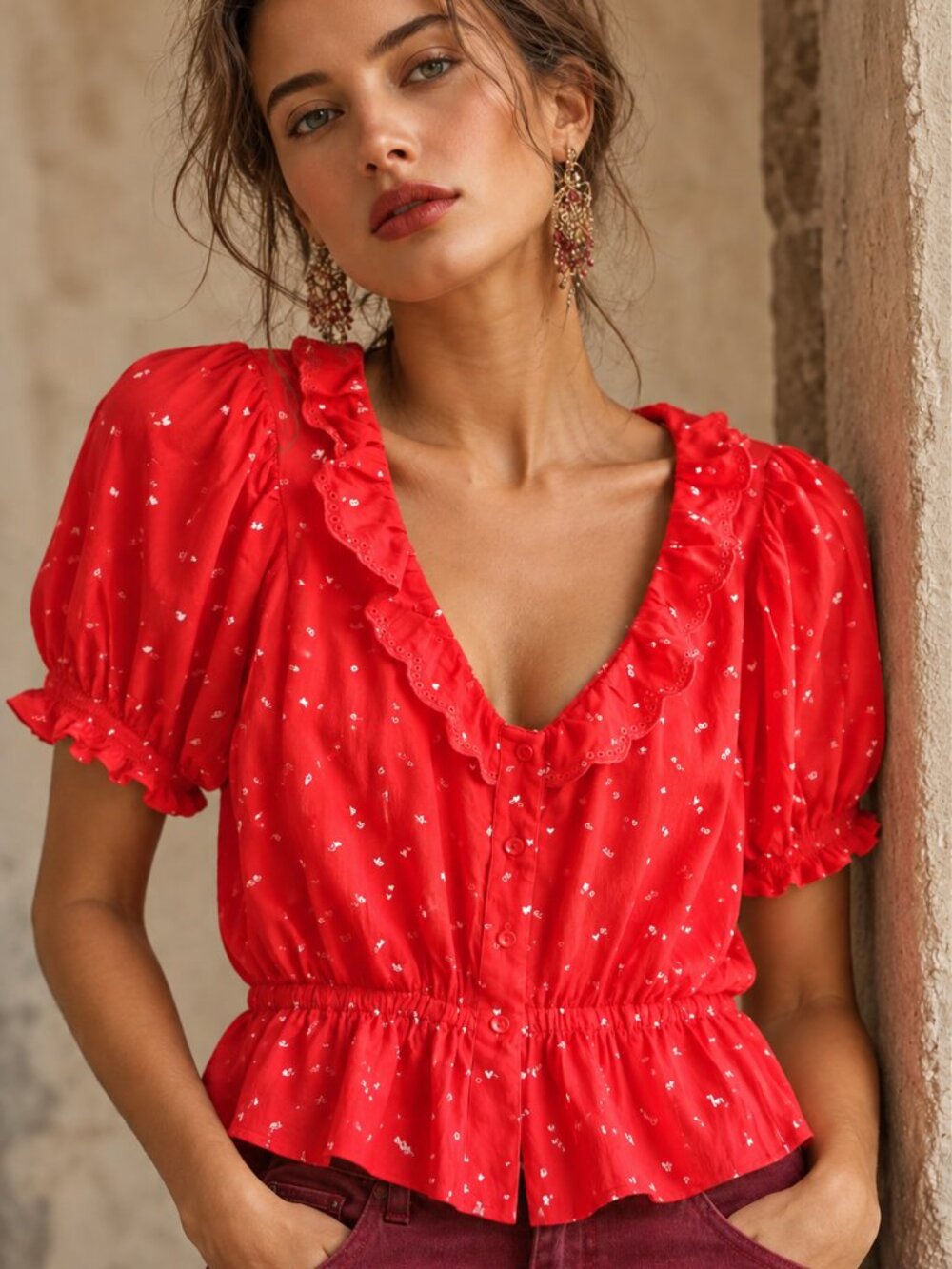 Sunday Best peplum top, red with white print